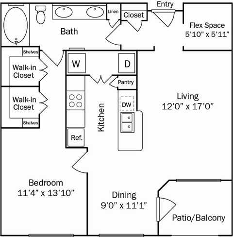 Floor plan for 1 bed, 1 bath, 911 sqft